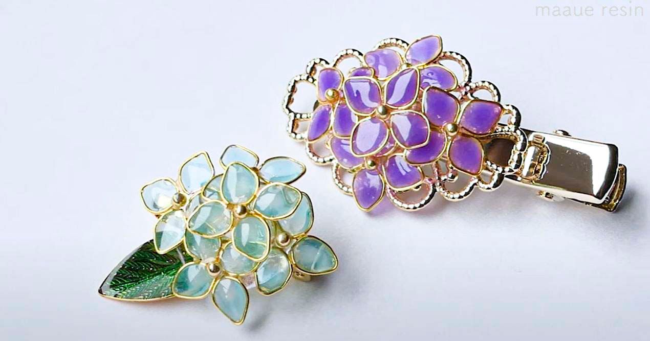 レジンヘアゴムトライアングルミモザピンクカラフル大ぶり