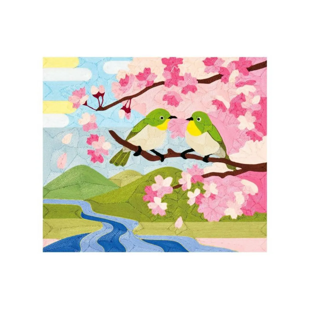 刺繍糸の絵・夫婦メジロと桜（絵柄のみ）