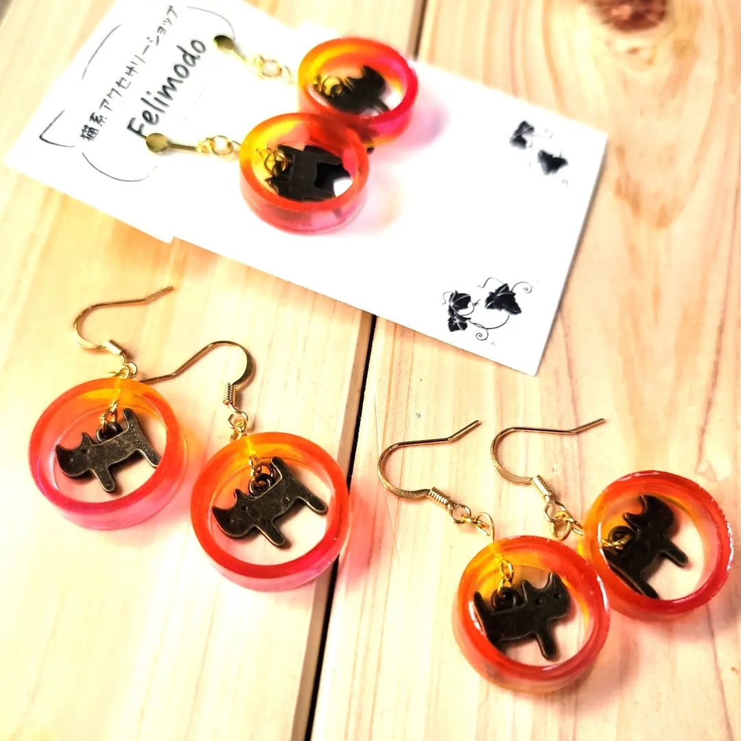 レジン　ハンドメイド　オレンジ系　猫 R-693】レジン道 猫 オレンジ系フラワー花柄 6匹セット